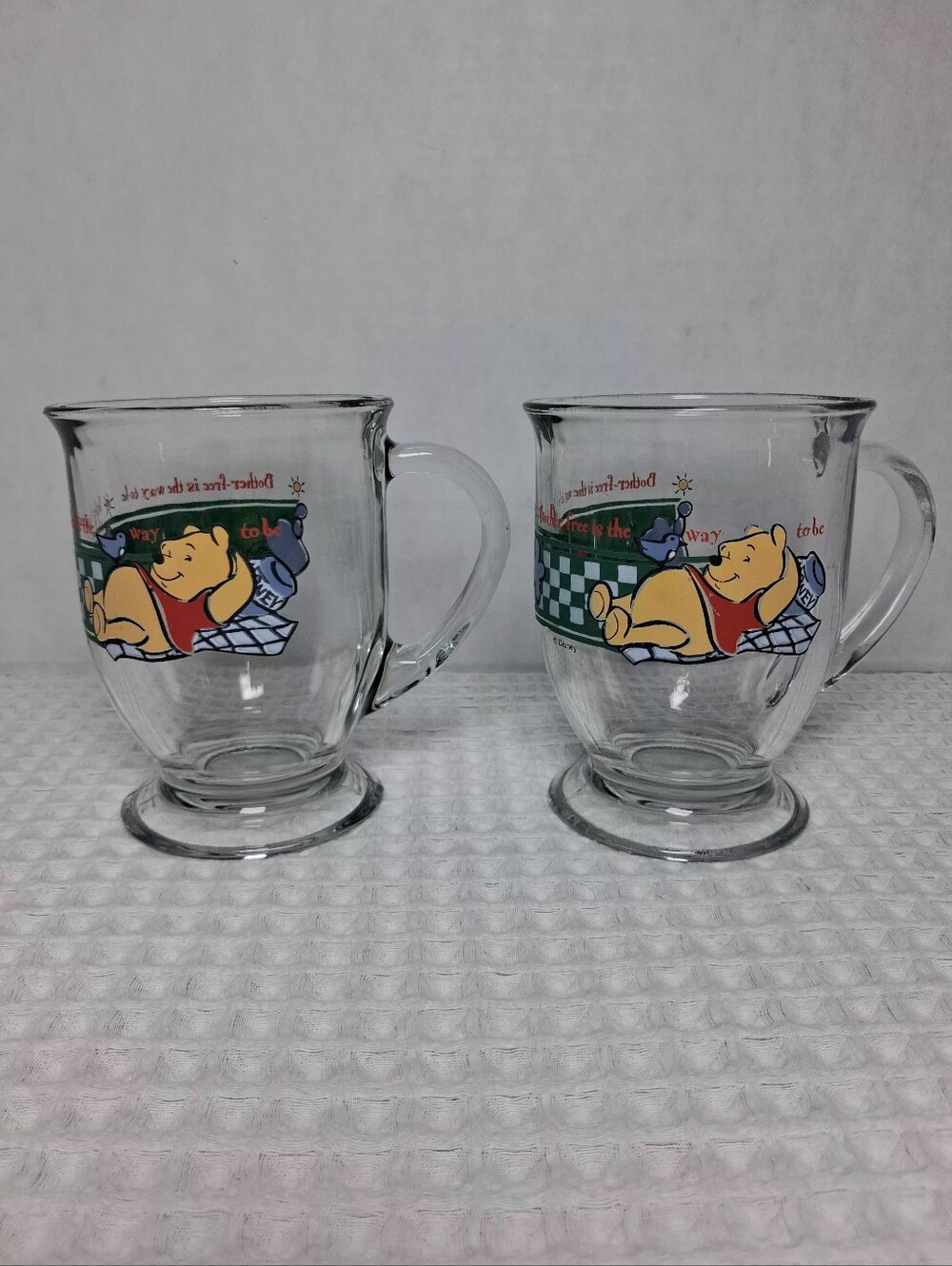 Vtg. Anchor Hocking/Disney Set Of 2 Winnie the Pooh Clear Glass Mugs Imferfect